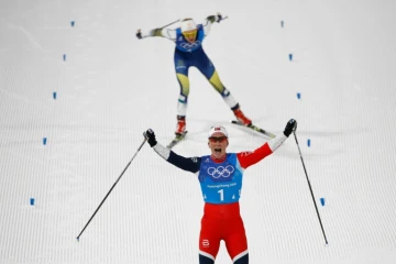 La Norvégienne Marit Björgen à l'arrivée du relais 4x5 km, à Pyeongchang, le 17 février 2018