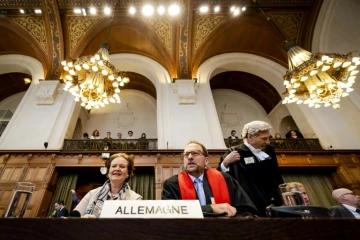 Audience devant la Cour internationale de Justice (CIJ) dans le cadre d'une affaire déposée par le Nicaragua contre l'Allemagne exigeant que les juges imposent des mesures d'urgence pour empêcher Berlin de fournir à Israël des armes et d'autres aides, le 8avril 2024 à La Haye