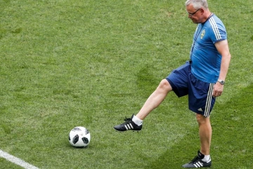 Le sélectionneur de la Suède, Janne Andersson, lors d'une séance d'entraînement le 22 juin 2018 à Sotchi, avant le match contre l'Allemagne au Mondial