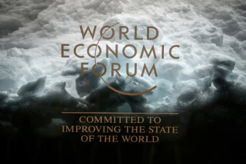 Le logo du forum économique mondial à Davos le 21 janvier 2019 en Suisse
