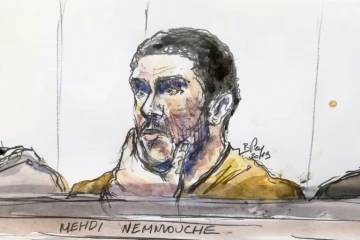 Croquis d'audience montrant Mehdi Nemmouche le 10 janvier 2019 lors de son procès à Bruxelles 