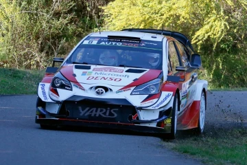 L'Estonien Ott Tänak au volant de sa Toyota lors du shakedown au Tour de Corse, le 28 mars 2019 à Sorbo-Ocagnano