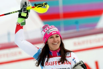 La joie de la Suissesse Wendy Holdener après sa victoire au combiné de Lenzerheide en Suisse, le 26 janvier 2018