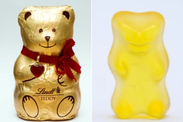 Photo montage d'un ourson en gélatine de la marque Haribo (d) et d'une figurine en chocolat de Lindt (g)