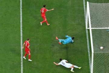 Le Russe Fedor Smolov (N.9) inscrit le 2e but face à la Nouvelle-Zélande en ouverture de la Coupe des Confédérations, le 17 juin 2017 à Saint-Pétersbourg