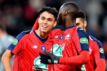 L'attaquant brésilien de Lille Luiz Araujo (g) félicité par ses coéquipiers après avoir marqué contre Sochaux en Coupe de France, le 7 janvier 2019 à Villeneuve-d'Ascq