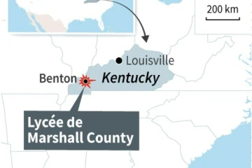 Localisation du lycée de Marshall County dans le ville de Benton (Kentucky, Etats-Unis) où une fusillade a éclaté mardi