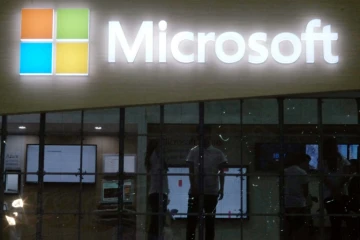 Le logo de Microsoft lors du Computex Show à  Taipei le 30 mai 2017