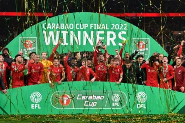 La joie des joueurs de Liverpool, vainqueurs de la Coupe de la Ligue face à Chelsea (0-0, 11-10 ap. t.a.b.), le 27 février 2022 au Stade de Wembley à Londres