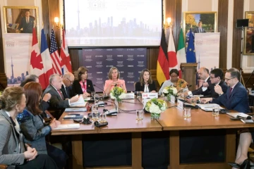 Les ministres des Affaires étrangères du G7 (Etats-Unis, France, Allemagne, Royaume-Uni, Italie, Japon et Canada) lors d'une réunion de deux jours à Toronto, au Canada le avril 2018