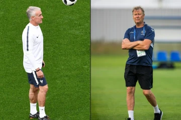 Photo combinée de l'entraîneur des Bleus Didier Deschamps (g) et du Danemark Age Hareide 