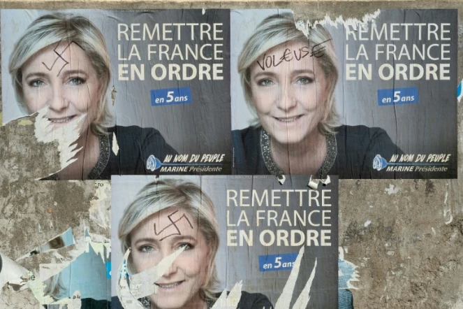 Posters de Marine Le Pen, le 28 avril 2017, à Cessales près de Toulouse