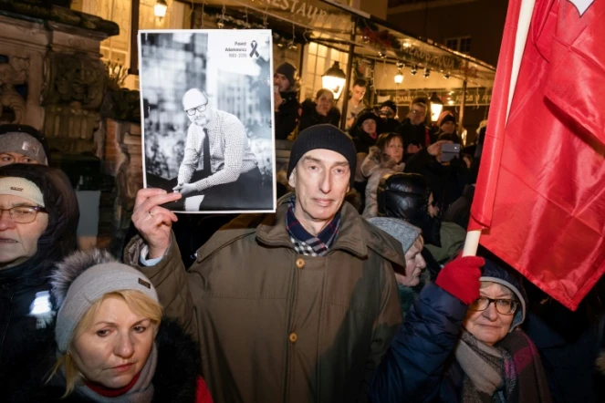 Un homme brandit une photo du maire de Gdansk lors des obsèques de Pawel Adamowicz, le 18 janvier 2019 à Gdansk