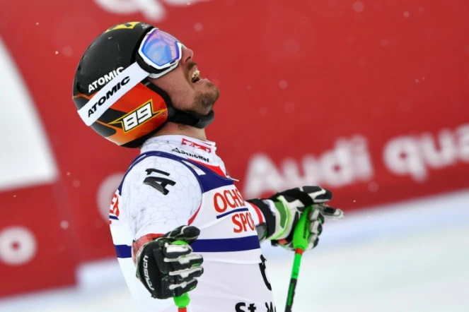 Marcel Hirscher exulte après son sacre mondial dans le slalom géant à Saint-Moritz, le 17 février 2017