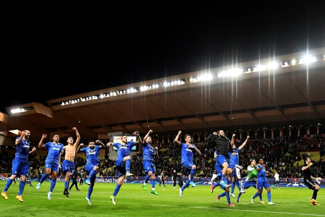 La joie des joueurs de la Juventus après leur victoire face à Monaco en demi-finales de la Ligue des champions au stade Louis II , le 3 avril 2017