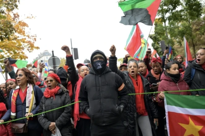 Une manifestation appelée par la diaspora française d'outre-mer contre le coût de la vie élevé, sur la place Denfert-Rochereau à Paris le 10 novembre 2024 ( AFP / Bertrand GUAY )