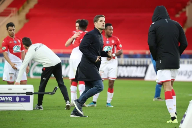Soulagement pour le nouvel entraîneur de Monaco Robert Moreno (c) après la victoire contre Reims en 32es de finale de Coupe de France, le 4 janvier 2020 au stade Louis-II 