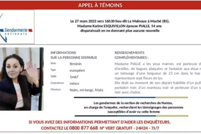 Avis de disparition de Karine Esquivillion publiée sur la page Facebook de la gendarmerie de la Vendée, pour tenter de retrouver la mère de famille disparue depuis le 27 mars 2023 ( GENDARMERIE NATIONALE / -UGC )