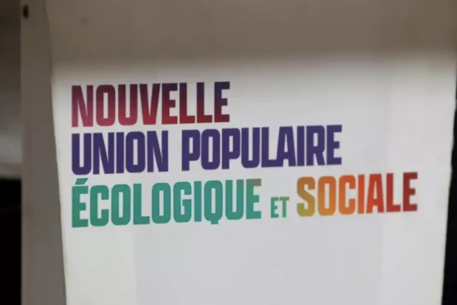 Le logo de la Nouvelle union populaire écologique et sociale (Nupes), le 7 juin 2022 à Paris ( AFP / Geoffroy VAN DER HASSELT )