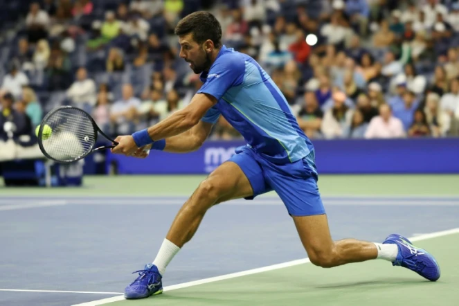 La vedette serbe Novak Djokovic lors de son match de 3e tour de l'US Open contre son compatriote Laslo Djere, le 1er septembre 2023 à New York