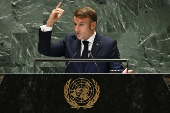 Le président français Emmanuel Macron devant l'Assemblée générale de l'ONU, le 25 septembre 2024 ( AFP / TIMOTHY A. CLARY )