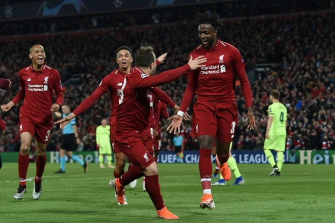 L'attaquant belge Divock Origi (N.27) qualifie Liverpool en marquant le 4e but contre Barcelone à Anfield, le 7 mai 2019 