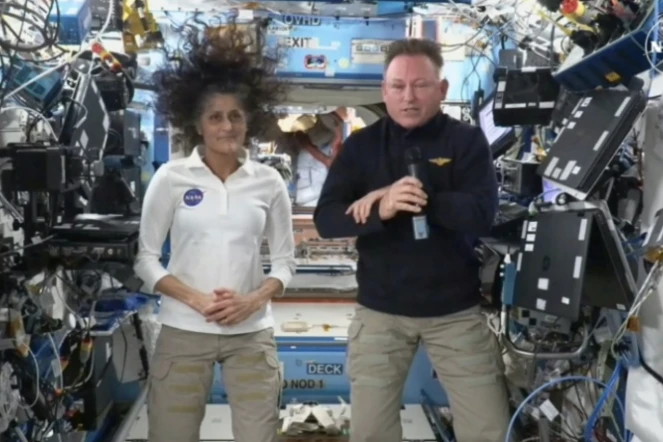 Butch Wilmore et Suni Williams lors d'une conférence de presse depuis la Station spatiale internationale (ISS), le 13 septembre 2024 ( NASA TV / Handout )