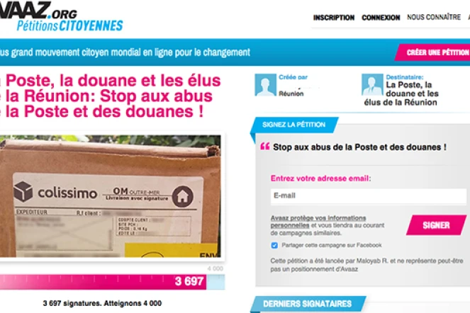 pétition "stoop aux abus de la Poste et de la douane"