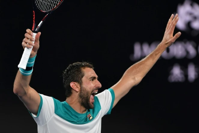 Le Croate Marin Cilic exulte après sa victoire face au Britannique Kyle Edmund en demi-finales de l'Open d'Australie, le 25 janvier 2018 à Melbourne