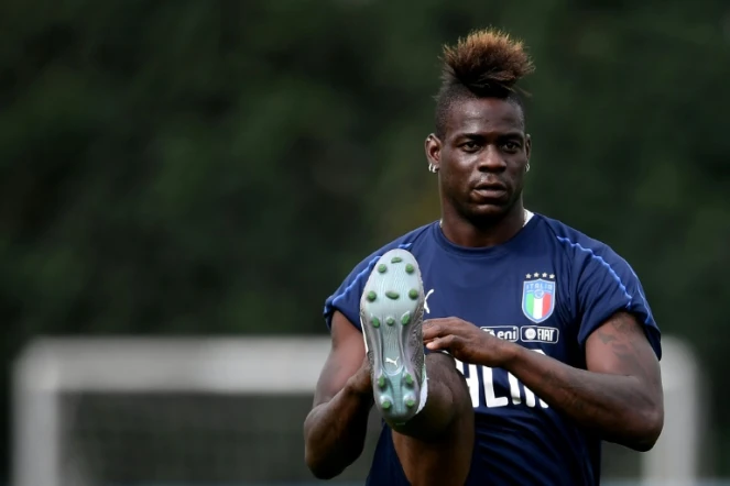 L'attaquant italien Mario Balotelli à l'entraînement à la veille d'un match amical contre les Pays-Bas, le 3 juin 2018 à Vinovo, au centre d'entraînement de la Juventus Turin  