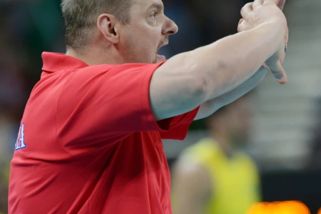 Vladimir Alekno, l'entraîneur de l'équipe de Russie de volley, pendant la finale des JO-2012 contre le Brésil le 12 août 2012 à Londres