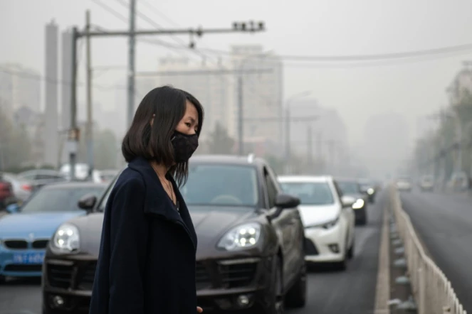 Une femme se protège de la pollution avec un masque à Pékin, en novembre 2018
