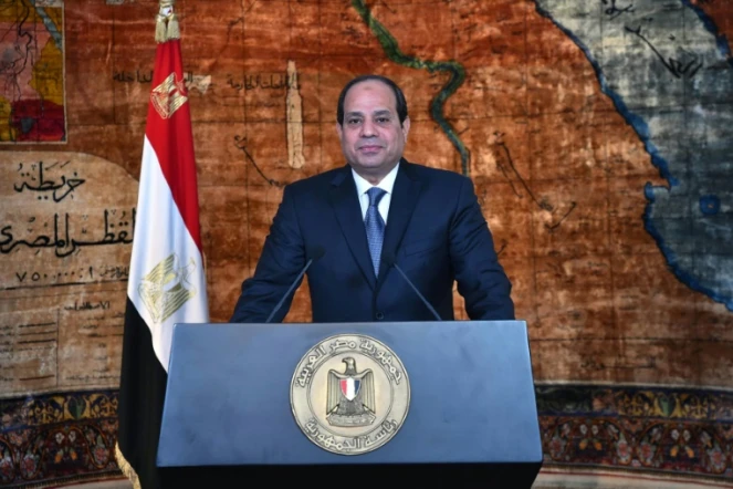 Photo publiée par la présidence égyptienne le 24 janvier 2016 montrant le président Abdel Fattah al-Sisi, lors d'une allocution télévisée à l'occasion de l'anniversaire de la révolte de 2011