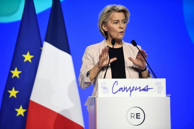 La présidente de la Commission européenne Ursula von der Leyen fait une déclaration, lors du "campus européen" de Renaissance, le 7 octobre 2023 à Bordeaux