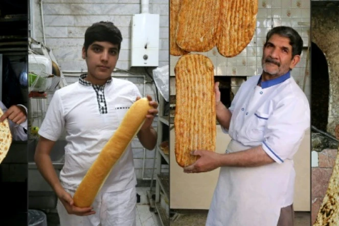 Photo-montage, créé le 24 juin 2020, de quatre boulangers iraniens posant avec quatre types de pains différents, dans leurs boulangeries respectives, à Téhéran