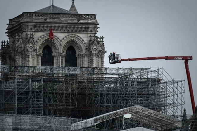 Début des opérations préparant le démontage de l'échafaudage de Notre-Dame, le 8 juin 2020