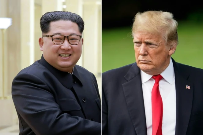 Photo montage réalisé le 24 mai 2018 d'une photo publiée le 3 mai 2018 par l'agence Nord Coréenne KCNA du leader Nord Coréen Kim Jong Un et du Président américain  Donald Trump à la Maison Blanche à Washington le 23 mai 2018