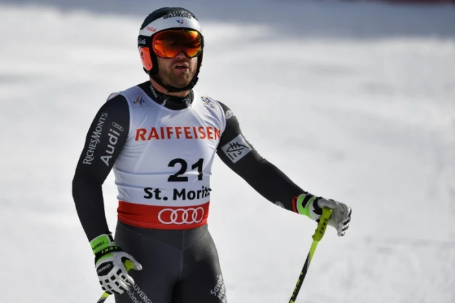 Le Français David Poisson à l'arrivée de la descente d'entraînement, le 7 février 2017 à St. Moritz