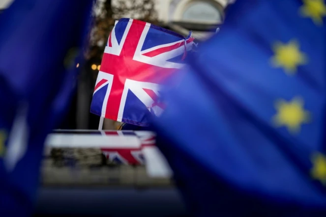 Le drapeau du Royaume-Uni, le 30 janvier 2020, lors d'une manifestation contre le Brexit près du parlement européen à Bruxelles