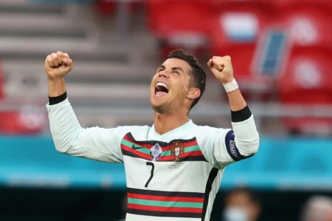 La joie de l'attaquant portugais Cristiano Ronaldo, auteur d'un doublé contre la Hongrie, lors de leur match (groupe F) de l&rsquo;Euro 2020, le 15 juin 2021 à Budapest