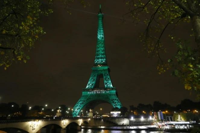 La tour Eiffel en vert pour célébrer la mise en oeuvre de l'accord de Paris, le 4 novembre 2016