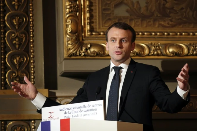 Le président de la République Emmanuel Macron prononce un discours à la Cour de cassation, à Paris le 15 janvier 2018