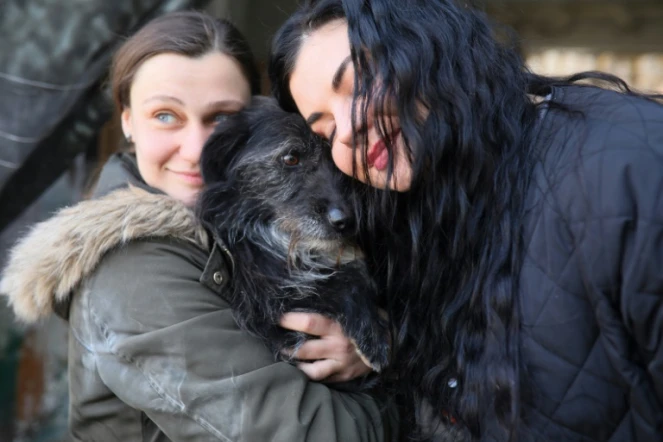 Des femmes câlinent un chien dans un refuge pour animaux de Lviv, le 26 mars 2022 en Ukraine