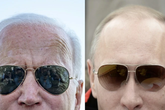 Le président américain Joe Biden (à gauche) en mai 2021 à Washington, et son homologue russe Vladimir Poutine en mars 2014 aux Jeux paralympiques d'hiver de Sotchi