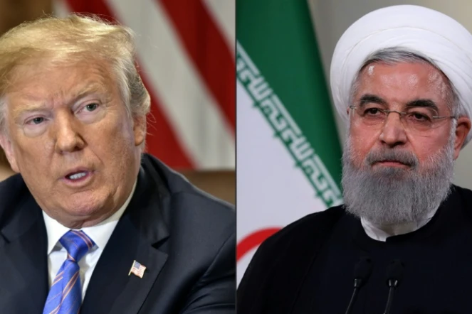 Le président américain Donald Trump le 18 juillet 2018 à Washington (gauche) le président iranien Hassan Rohani (droite) lors d'un discours télévisé le 2 mai 2018 à Téhéran