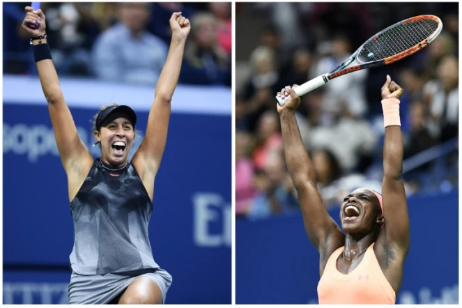 Les Américaines Madison Keys (gauche) et Sloane Stephens célèbrent leur victoire le 7 septembre 2017 en demi-finale de l'US Open