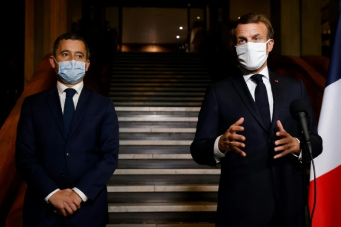 Gérarld Darmanin et Emmanuel Macron à Bobigny le 20 octobre 2020