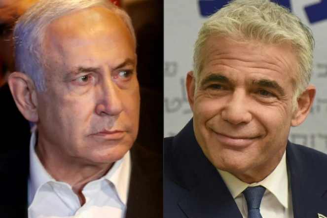Montage de photos créé le 2 juin 2021 montrant le Premier ministre israélien Benjamin Netanyahu (g) à Lod le 12 mai 2021 et le chef de l'opposition Yaïr Lapid à Jerusalem le 31 mai 2021