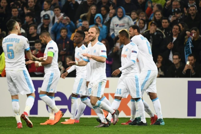 La joie des Marseillais, vainqueurs du Sporting Braga, avec notamment un but de Valère Germain, en Europa League, le 15 février 2018 au Vélodrome 