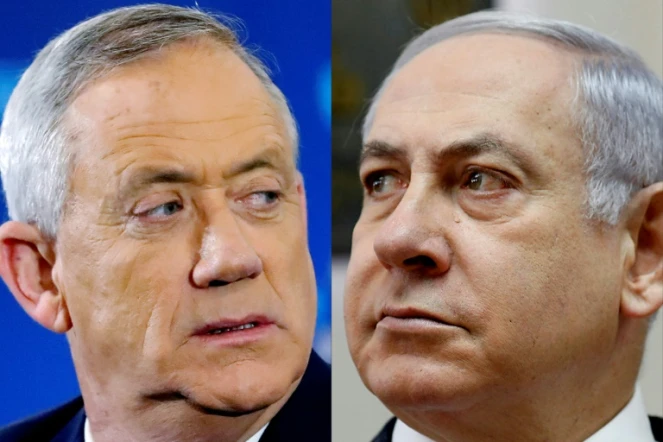 Combinaison de photos du Premier ministre israélien Benjamin Netanyahu (D), le 10 mars 2019 à Jérusalem, et de son principal rival, le général Benny Gantz (G), le 1er avril 2019 